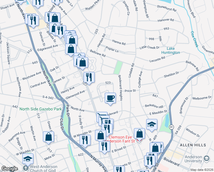 map of restaurants, bars, coffee shops, grocery stores, and more near 2026 Moultrie Square in Anderson