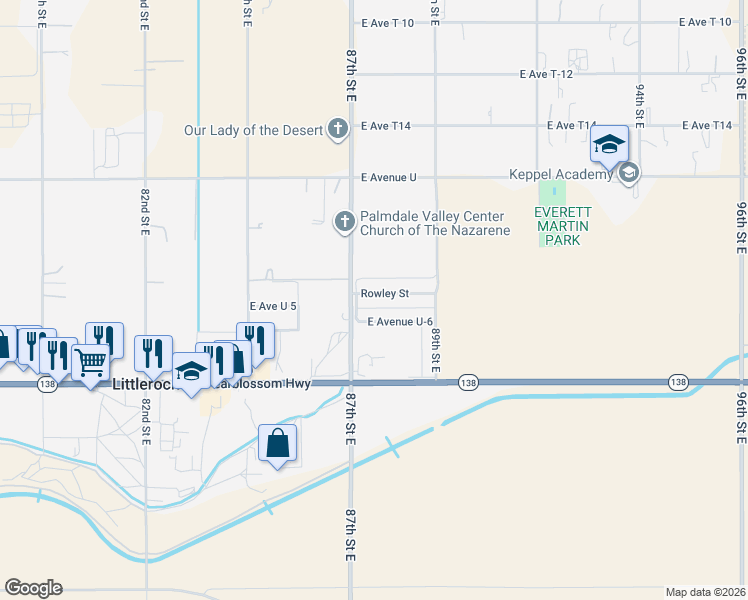 map of restaurants, bars, coffee shops, grocery stores, and more near 8728 Rowley Street in Littlerock