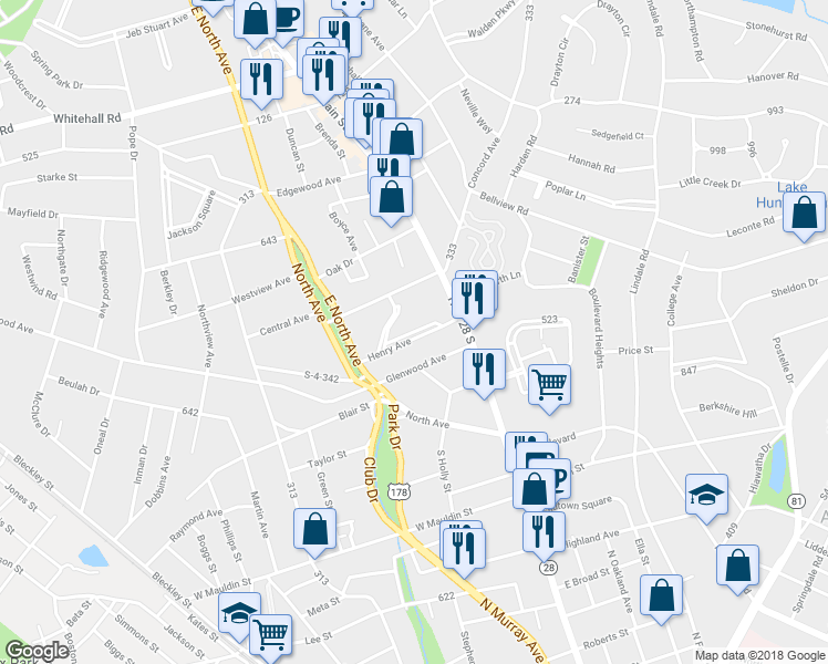 map of restaurants, bars, coffee shops, grocery stores, and more near 299 Henry Avenue in Anderson