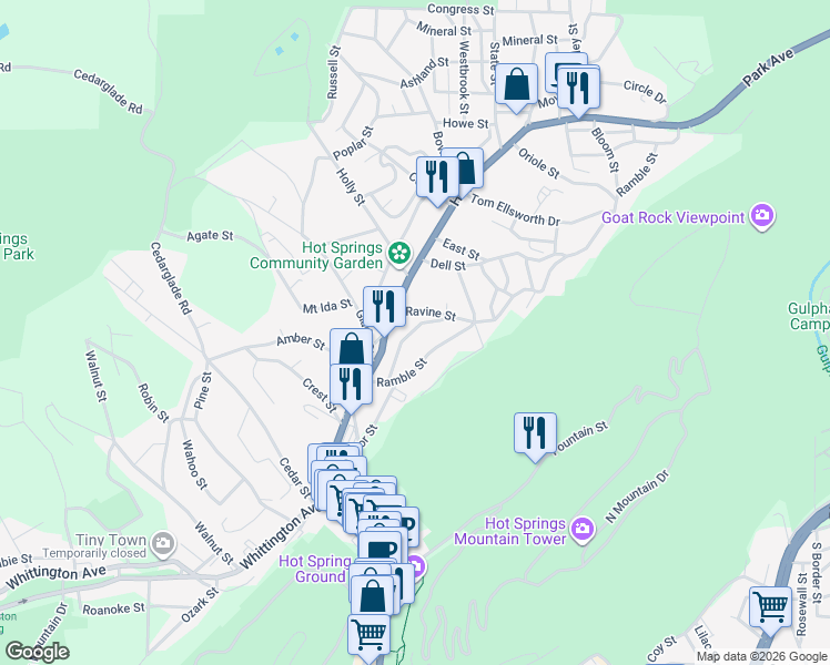 map of restaurants, bars, coffee shops, grocery stores, and more near 116 Ramble Terrace in Hot Springs