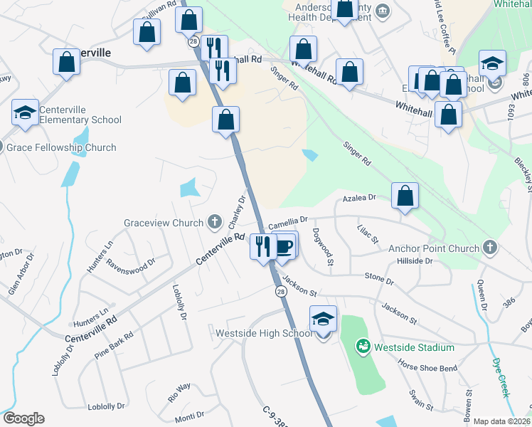 map of restaurants, bars, coffee shops, grocery stores, and more near 1404 Pearman Dairy Road in Anderson