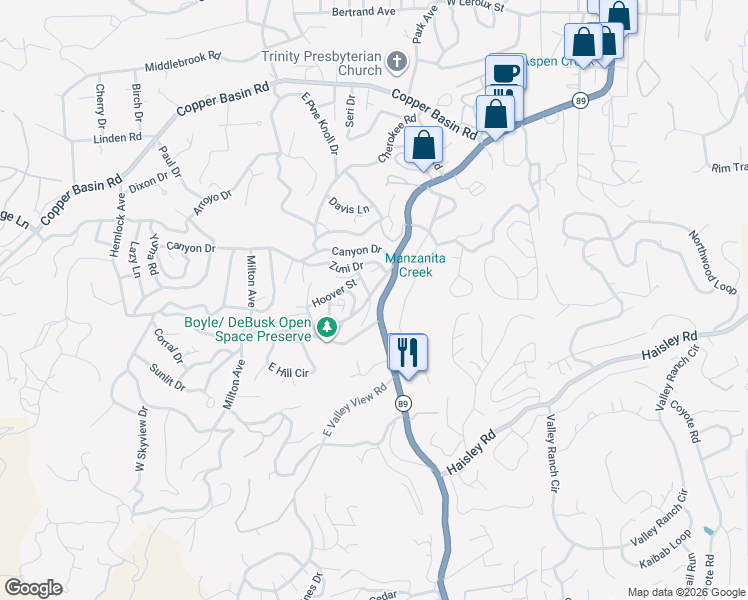 map of restaurants, bars, coffee shops, grocery stores, and more near 1033 Apache Drive in Prescott