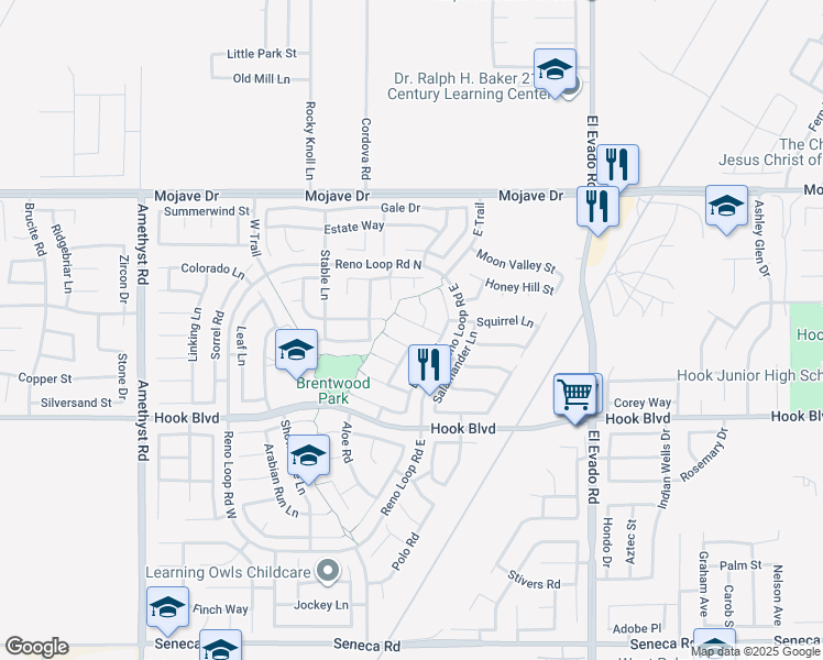 map of restaurants, bars, coffee shops, grocery stores, and more near 14179 Roan Road in Victorville