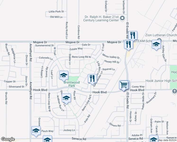 map of restaurants, bars, coffee shops, grocery stores, and more near 14179 Roan Road in Victorville