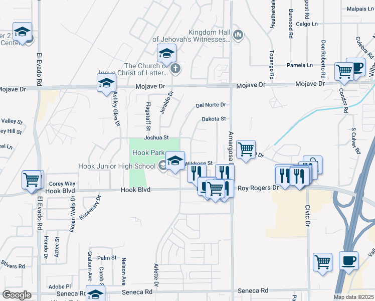 map of restaurants, bars, coffee shops, grocery stores, and more near 15074 Dakota Street in Victorville