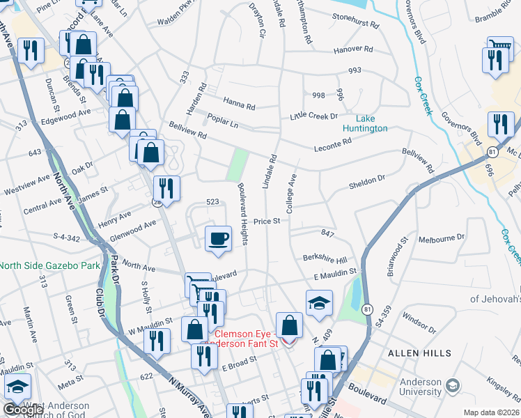 map of restaurants, bars, coffee shops, grocery stores, and more near 2003 Lindale Road in Anderson