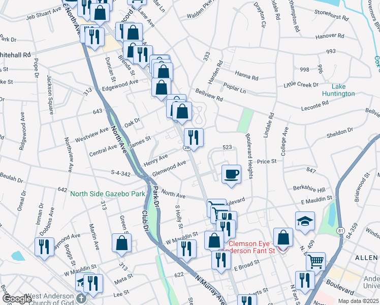 map of restaurants, bars, coffee shops, grocery stores, and more near 2101 South Carolina 28 Business in Anderson