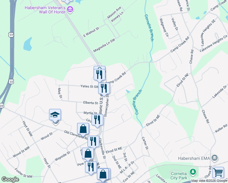 map of restaurants, bars, coffee shops, grocery stores, and more near 187 Myrl Street in Cornelia