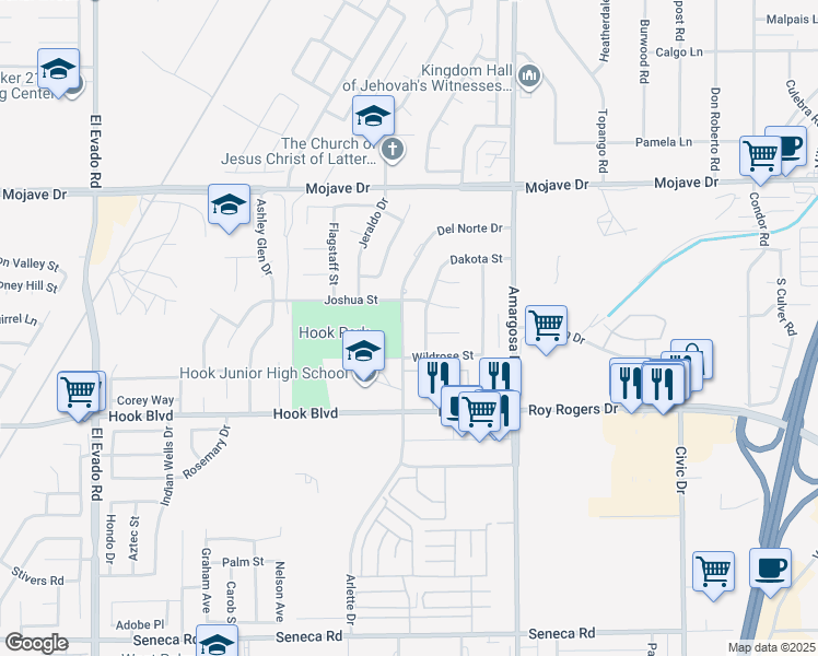 map of restaurants, bars, coffee shops, grocery stores, and more near 15061 Arlette Drive in Victorville