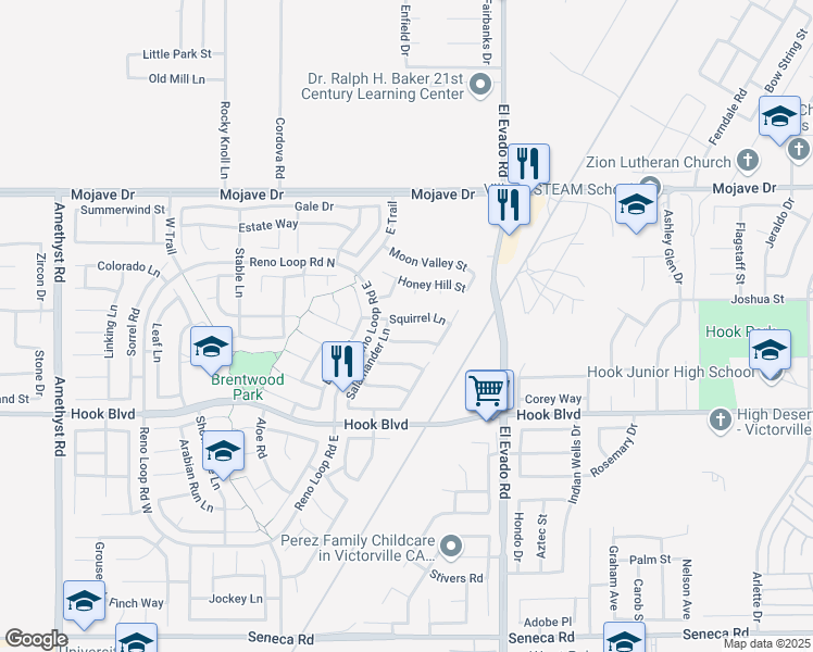 map of restaurants, bars, coffee shops, grocery stores, and more near 14329 Squirrel Lane in Victorville