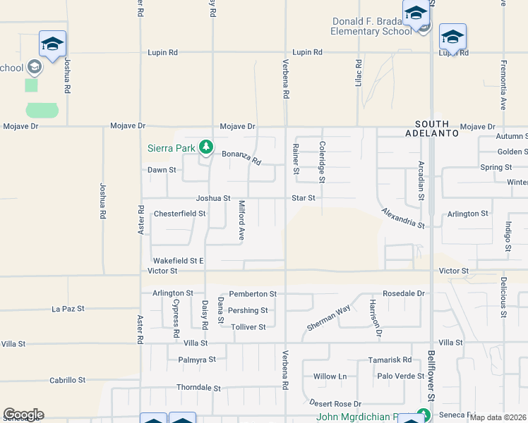 map of restaurants, bars, coffee shops, grocery stores, and more near 15065 Radford Avenue in Adelanto