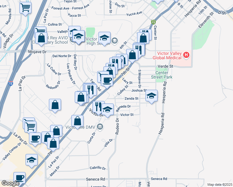 map of restaurants, bars, coffee shops, grocery stores, and more near 15022 Culley Street in Victorville