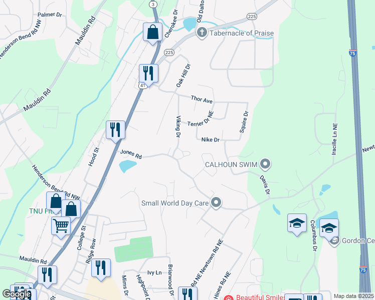 map of restaurants, bars, coffee shops, grocery stores, and more near 145 Viking Drive in Calhoun