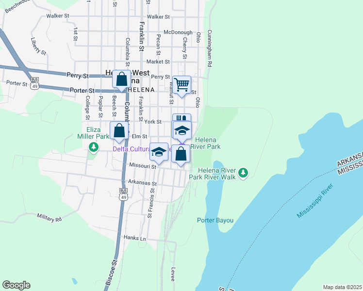 map of restaurants, bars, coffee shops, grocery stores, and more near 215 Cherry Street in Helena-West Helena