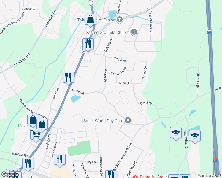 map of restaurants, bars, coffee shops, grocery stores, and more near 145 Viking Drive in Calhoun