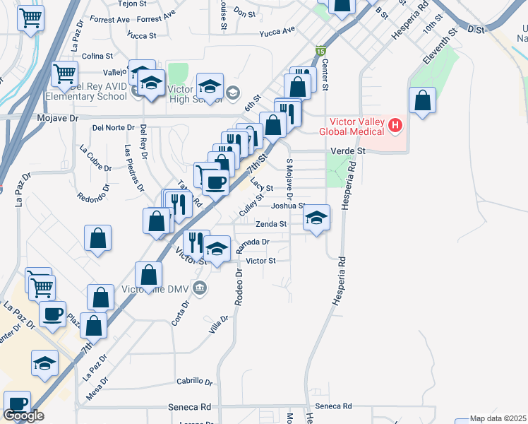 map of restaurants, bars, coffee shops, grocery stores, and more near 16631 Joshua Street in Victorville