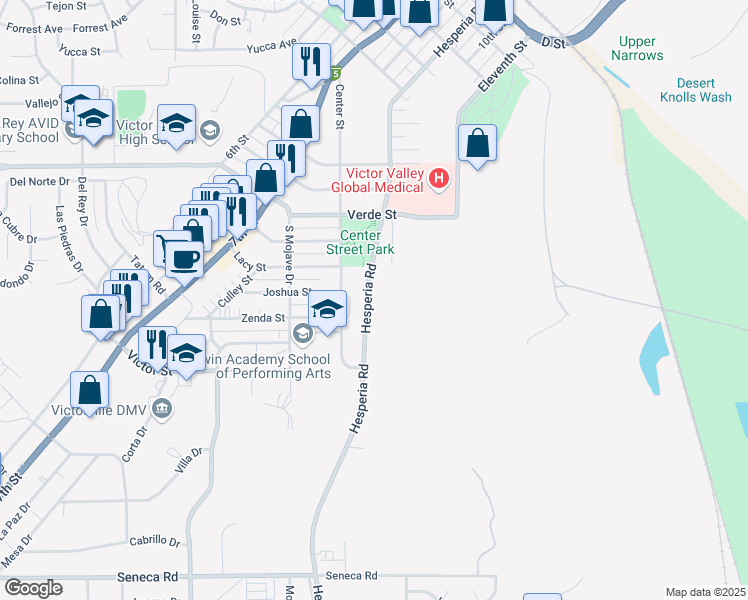 map of restaurants, bars, coffee shops, grocery stores, and more near 15029 Hesperia Road in Victorville