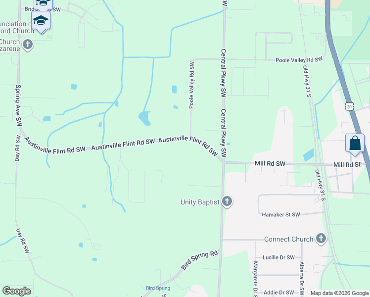 map of restaurants, bars, coffee shops, grocery stores, and more near 317 Austinville Flint Road Southwest in Decatur