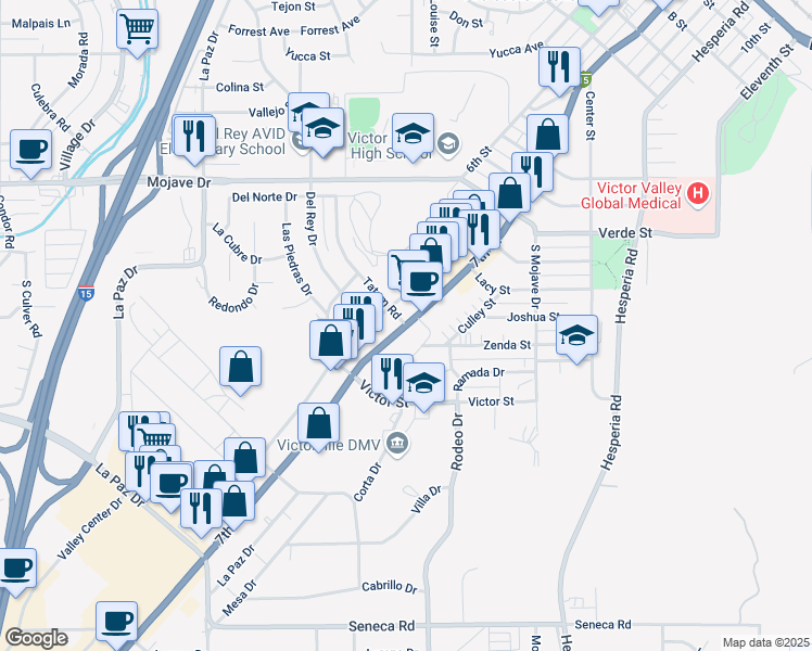 map of restaurants, bars, coffee shops, grocery stores, and more near 7th Street & Tatum Road in Victorville
