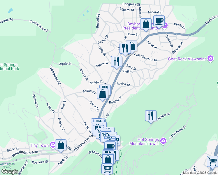 map of restaurants, bars, coffee shops, grocery stores, and more near 603 Park Avenue in Hot Springs