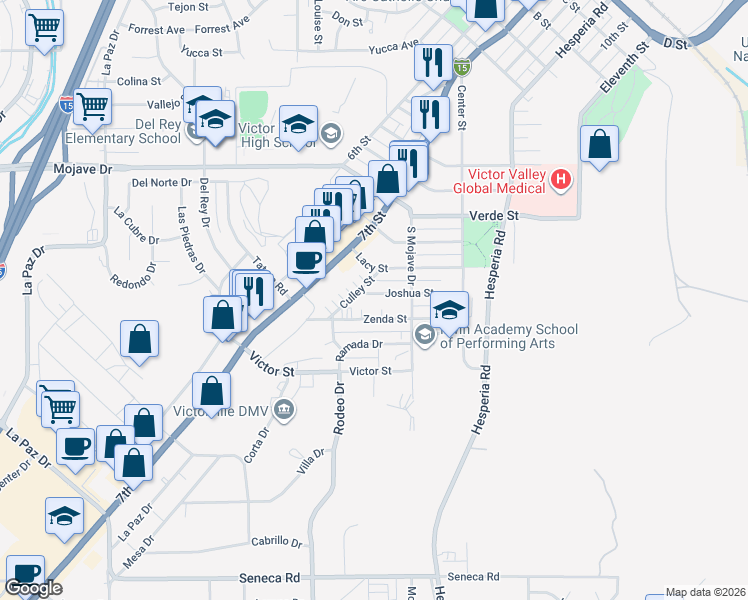 map of restaurants, bars, coffee shops, grocery stores, and more near 16631 Joshua Street in Victorville