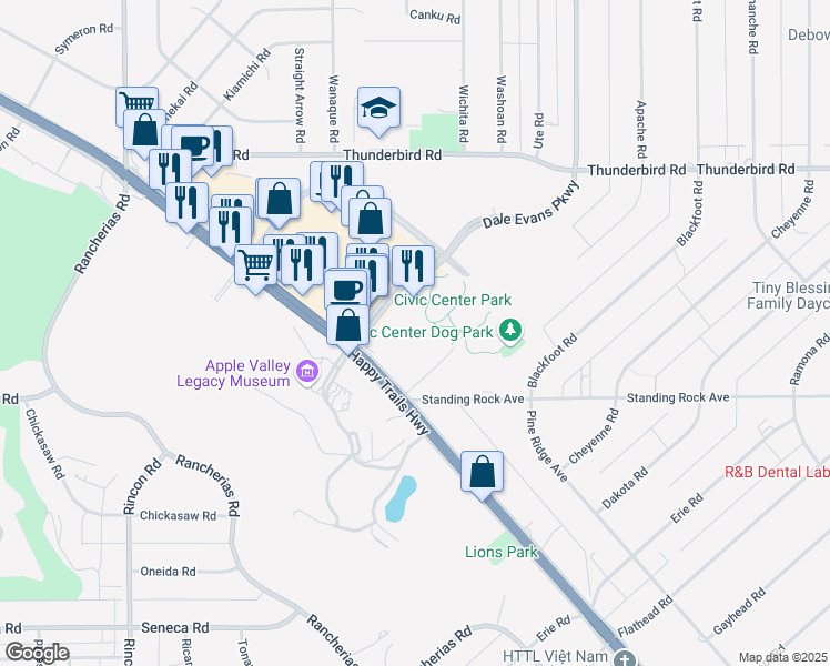 map of restaurants, bars, coffee shops, grocery stores, and more near 14955 Dale Evans Parkway in Apple Valley