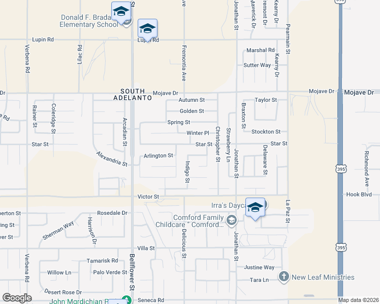 map of restaurants, bars, coffee shops, grocery stores, and more near 11520 Summer Street in Adelanto