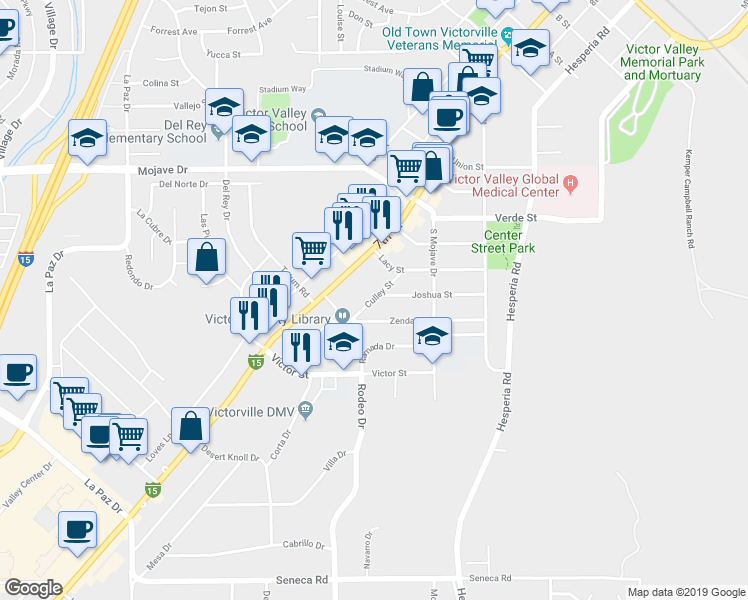 map of restaurants, bars, coffee shops, grocery stores, and more near 15061 Culley Street in Victorville