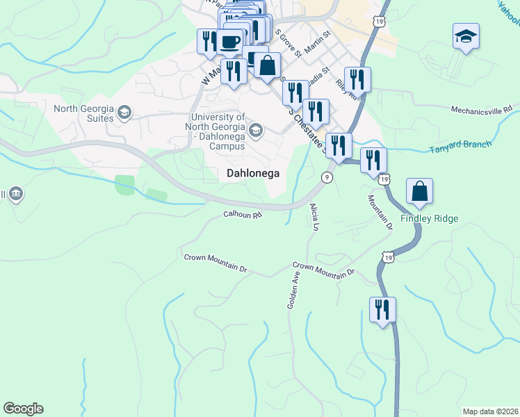map of restaurants, bars, coffee shops, grocery stores, and more near 239 Calhoun Road in Dahlonega