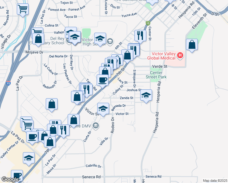 map of restaurants, bars, coffee shops, grocery stores, and more near 15032 Culley Street in Victorville