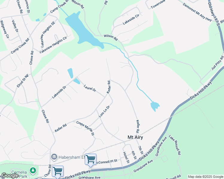 map of restaurants, bars, coffee shops, grocery stores, and more near 440 Lois Lane Drive in Mount Airy