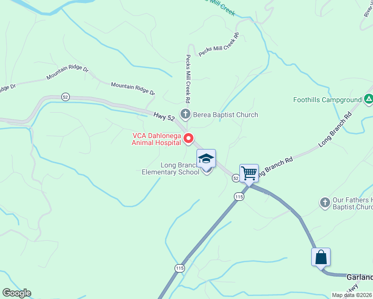 map of restaurants, bars, coffee shops, grocery stores, and more near 48 Long Road in Dahlonega