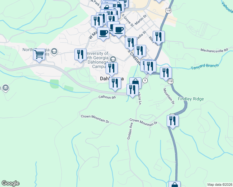 map of restaurants, bars, coffee shops, grocery stores, and more near 239 Calhoun Road in Dahlonega