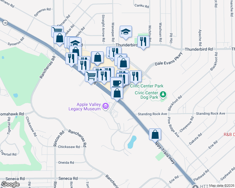 map of restaurants, bars, coffee shops, grocery stores, and more near 14880 Dale Evans Parkway in Apple Valley