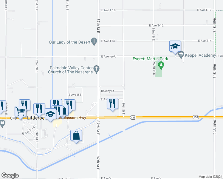 map of restaurants, bars, coffee shops, grocery stores, and more near 8805 Rowley Street in Littlerock