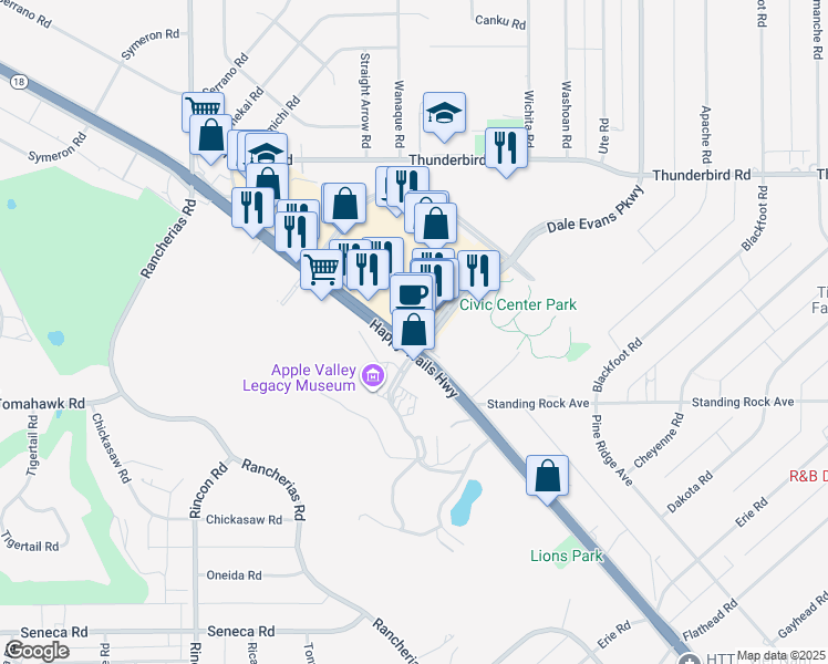 map of restaurants, bars, coffee shops, grocery stores, and more near 20327 California 18 in Apple Valley