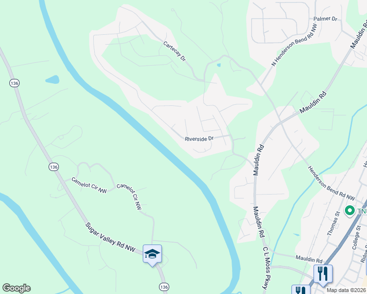 map of restaurants, bars, coffee shops, grocery stores, and more near 422 Riverside Drive in Calhoun