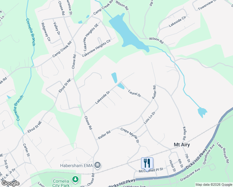 map of restaurants, bars, coffee shops, grocery stores, and more near Dogwood Lane in Mount Airy