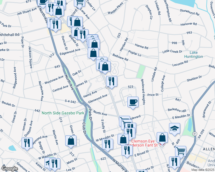 map of restaurants, bars, coffee shops, grocery stores, and more near Highway 28 South in Anderson