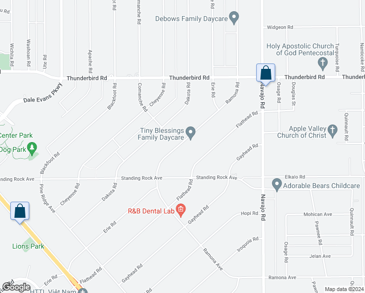 map of restaurants, bars, coffee shops, grocery stores, and more near 15025 Ramona Road in Apple Valley