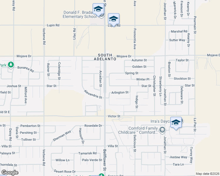 map of restaurants, bars, coffee shops, grocery stores, and more near 11323 Star Street in Adelanto