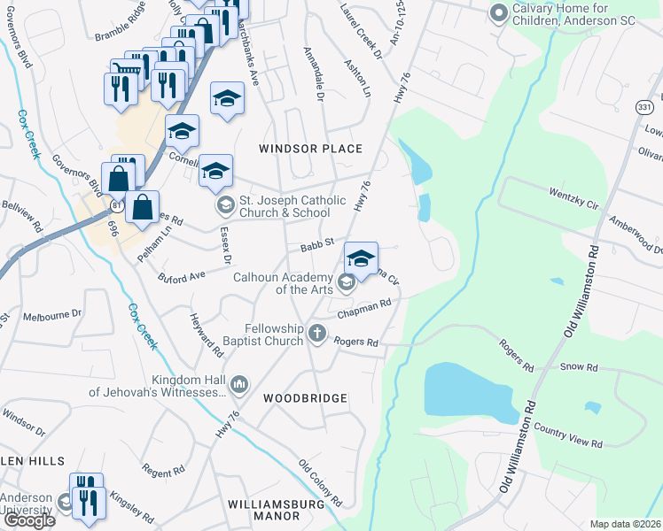 map of restaurants, bars, coffee shops, grocery stores, and more near 1520 East Calhoun Street in Anderson