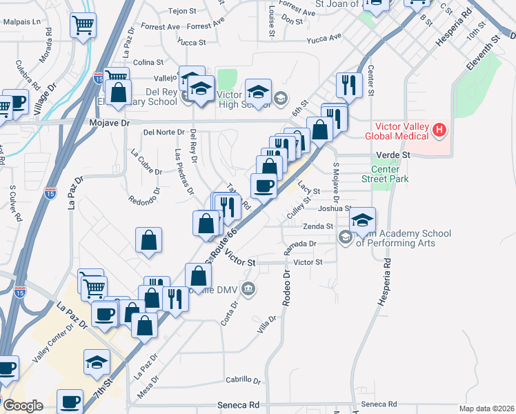 map of restaurants, bars, coffee shops, grocery stores, and more near 15028 7th Street in Victorville