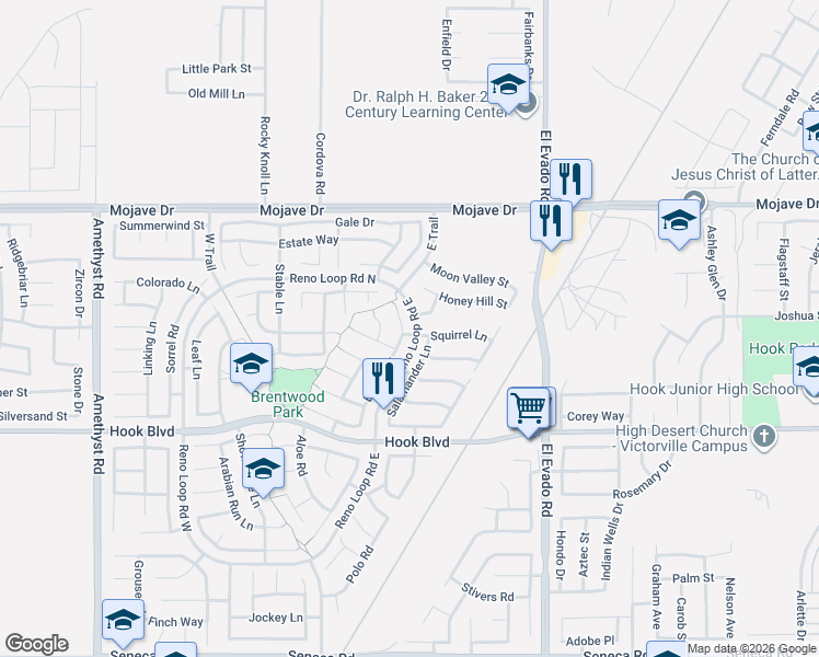 map of restaurants, bars, coffee shops, grocery stores, and more near 15053 Brown Lane in Victorville