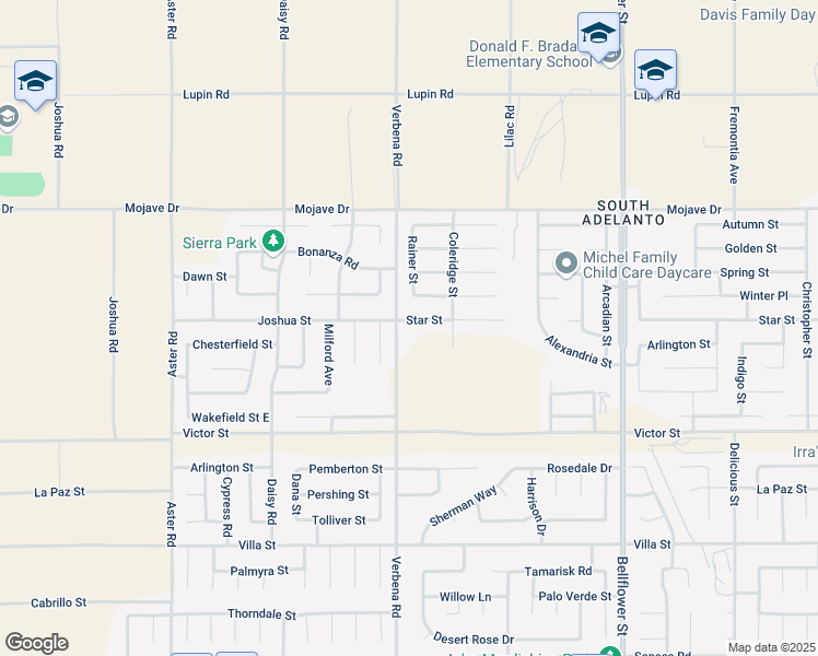 map of restaurants, bars, coffee shops, grocery stores, and more near 10921 Star Street in Adelanto