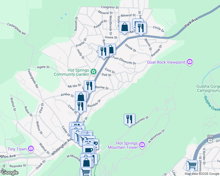 map of restaurants, bars, coffee shops, grocery stores, and more near 176 Ramble Street in Hot Springs