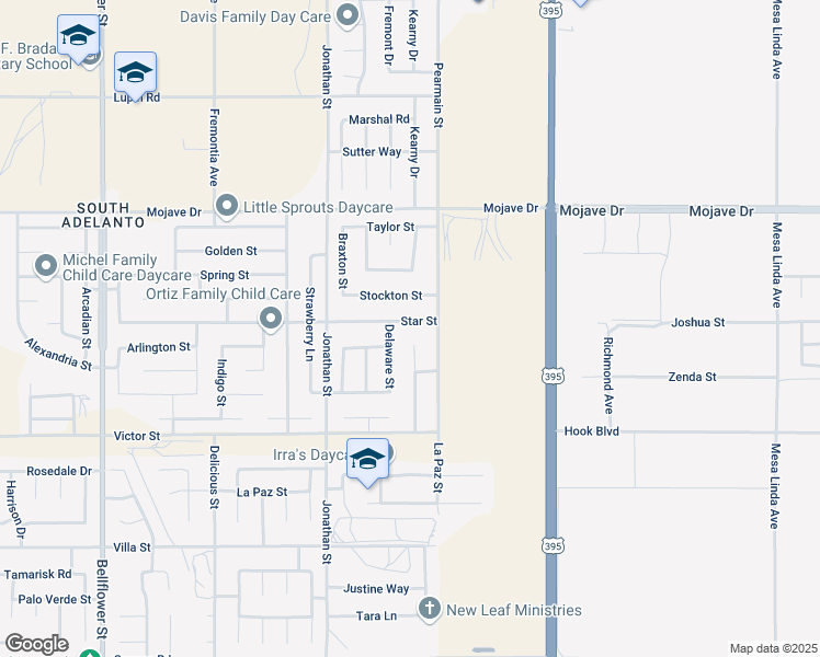 map of restaurants, bars, coffee shops, grocery stores, and more near 11849 Star Street in Adelanto