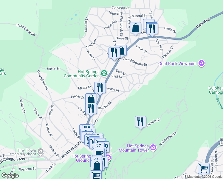 map of restaurants, bars, coffee shops, grocery stores, and more near 116 Ramble Terrace in Hot Springs