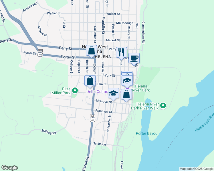 map of restaurants, bars, coffee shops, grocery stores, and more near 202 Franklin Street in Helena-West Helena
