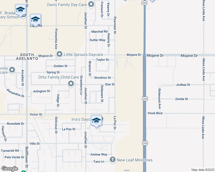 map of restaurants, bars, coffee shops, grocery stores, and more near 11849 Star Street in Adelanto